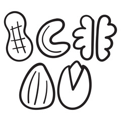 Nuts. Outline isolated icons. Collection. Black color. Hand drawn vector illustrations.