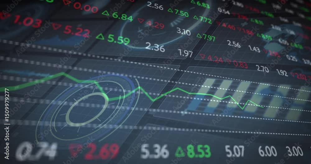 Poster on launch trading ui starting arrows updating bars pulsing, chart rotating visualizing market data