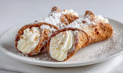 A plate of three delicious cannoli topped with powdered sugar, filled with creamy ricotta, on a smooth surface.