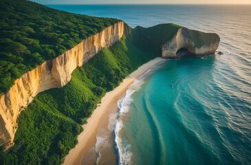 majestic coastal cliffs with serene beach and crystal-clear aquamarine waters