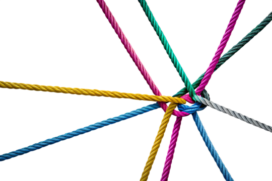 Colorful ropes intertwined teamwork knot isolated on a white background