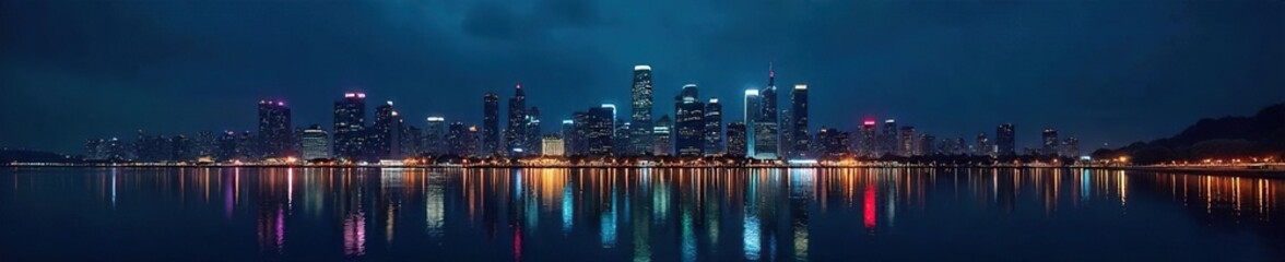 Dark city skyline at midnight, illuminated buildings and streets reflecting in dark water, serene night scene , metropolis, view, moonless