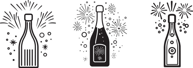 Champagne Bottle Vector Icons with Fireworks. Celebration, Party, New Year, Festive Drink Outline Illustrations for Invitations and Designs