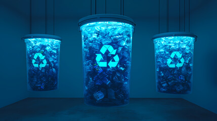 Three illuminated recycling bins filled with plastic, glowing with blue light in a dark room.