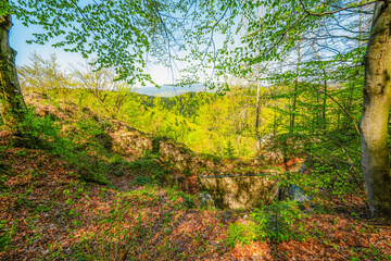 Hiking to Peak Tri Koruny or Trzy Korony during day. Pieniny National park in Poland. Pieniny Castle. © Zedspider