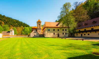 Medieval monastery Cerveny Klastor near Peak Tri Koruny or Trzy Korony in Pieniny National park in Slovakia and Poland. © Zedspider