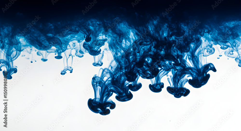 Poster deep dive of azure ink creates an abstract flowing pattern on white