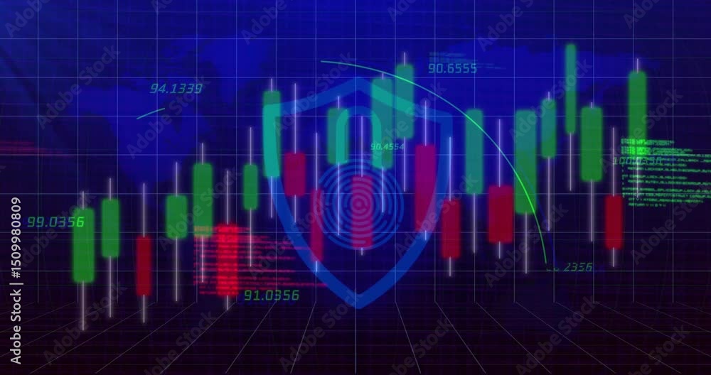 Poster upon candlestick bars rising security shield fading fingerprint pulsing arcs tracing for protection