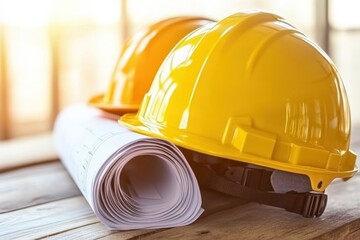 Stack of safety helmets beside a rolled-up blueprint 