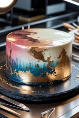 Elegant Layered Cake with Golden Details on Black Plate Close-up