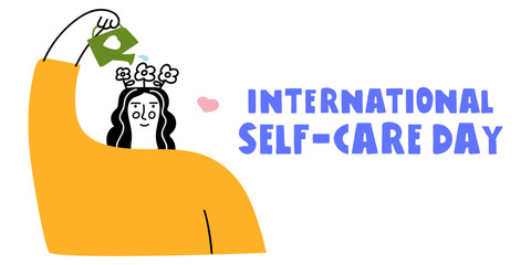 International self-care day. The girl is taking care of her mental health. Banner. Vector illustration on white background.