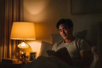 Man Reading in Bed Under Warm Lamp Light