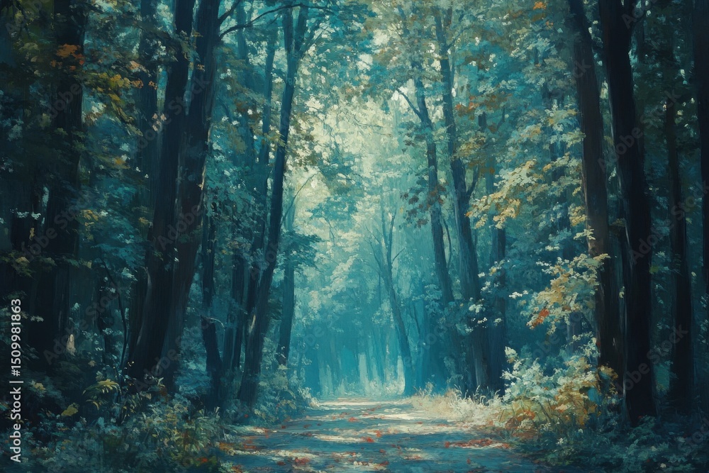 Poster exploring the tranquil summer forest with sunlight filtering through the trees, walking through the 