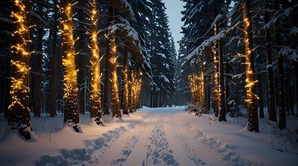 Pine trees wrapped in golden fairy lights. Snowy path filled with golden fairy lights. Snowy forest. Pine trees. Golden fairy lights. Winter landscape. Winter look. generative.ai