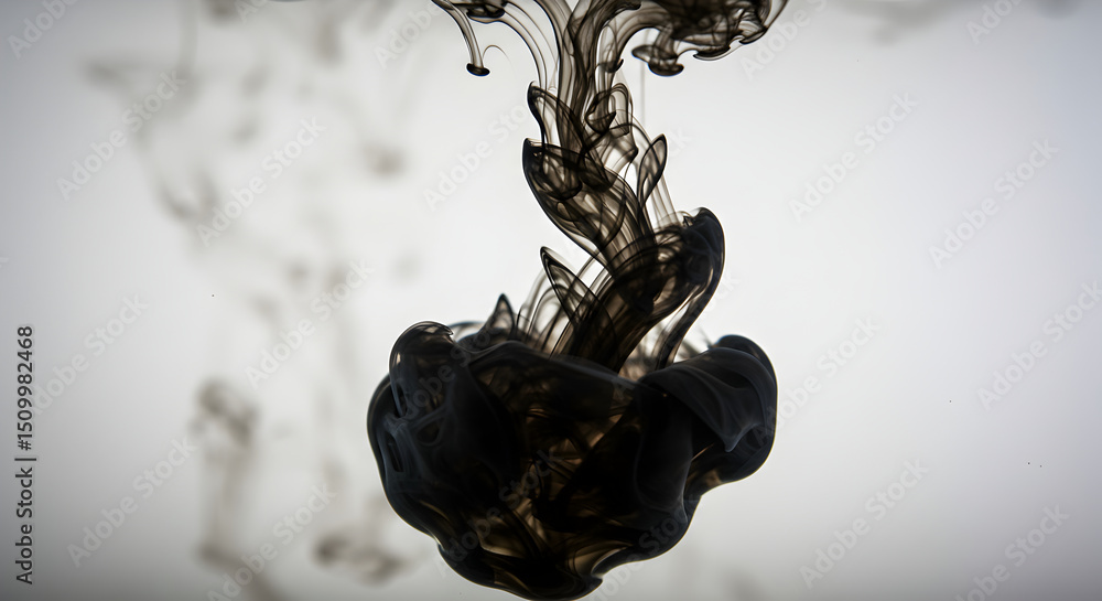 Poster black ink flowing in water creating an abstract shape on white backdrop