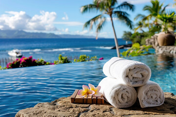 Rolled towel placed on stone pool edge, vibrant summer backdrop with palm trees trees palm with backdrop summer. update