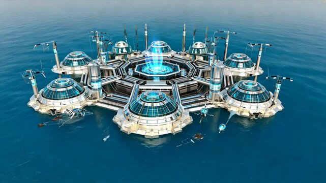 Water desalination CGI plant. High-tech city or resort concept with floating platforms and circular architecture. Great for sci-fi, sustainability, or futuristic urban planning themes.