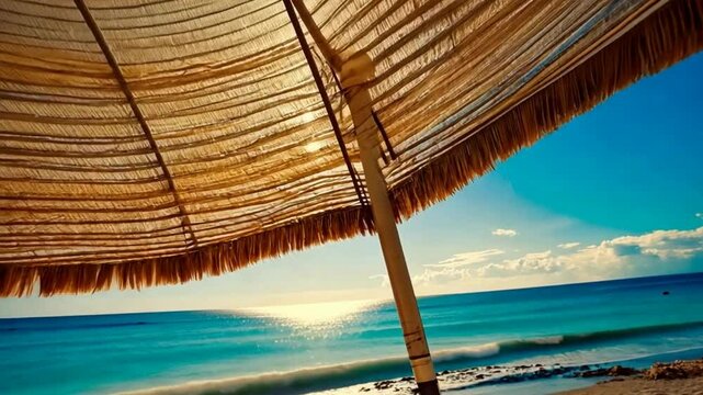 A relaxing scene featuring a sunshade canopy overlooking a turquoise ocean, evoking vacation, peace, and luxury getaways. Slow living concept, drone flying under the natural shade.