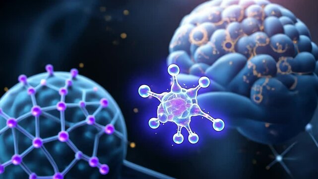  Abstract representation of a neural network or molecular structure with glowing nodes and interconnected pathways. Ideal for biotech, AI, or futuristic science topics.