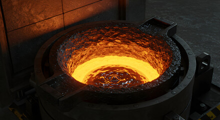 Industrial Crucible With Molten Metal In Foundry At High Temperature Environment