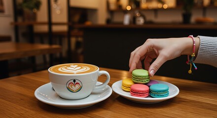 Enjoying a Latte and Colorful Macarons at a Cozy Coffee Shop
