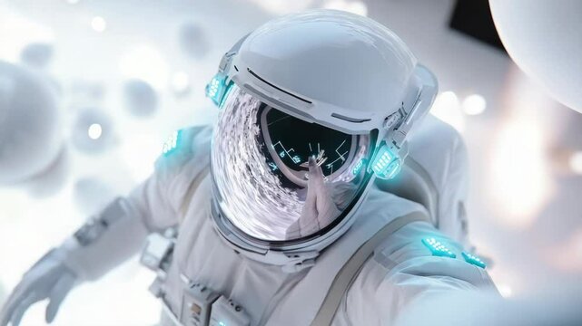 Astronaut in white spacesuit exploring futuristic environment.  Astronaut selfie in helmet reflects alien landscape. Image ideal for science fiction films space exploration documentaries or futuristic