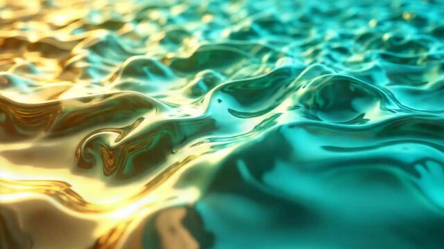 Abstract liquid metallic surface with turquoise gold wavy texture, glowing futuristic pattern, smooth reflective dynamic visual