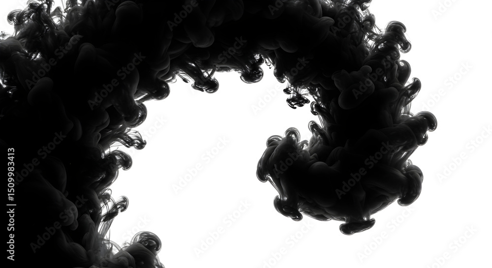 Poster black ink swirls creating dynamic abstract patterns isolated on white backdrop
