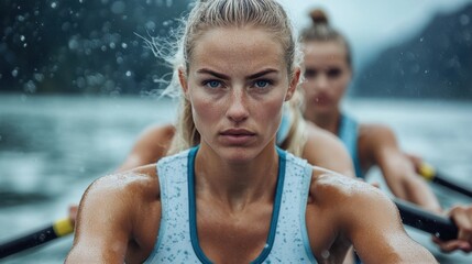 Competitive rowing action lake environment athletes focused performance outdoor activity close-up view strength and teamwork
