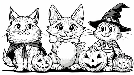 Fototapeta premium Three Cute Kittens in Halloween Costumes with Pumpkins