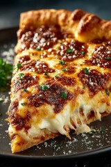 Fresh cheese pizza slice with melting cheese, close-up. Delicious fresh pizza with strands of melted cheese.	
