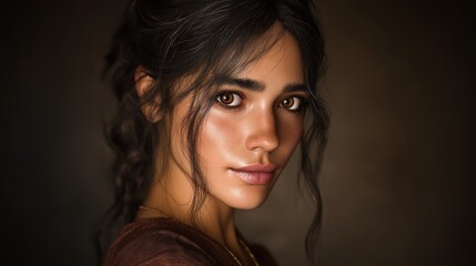 Close-up portrait of a beautiful woman with expressive brown eyes and dark hair, radiating natural beauty