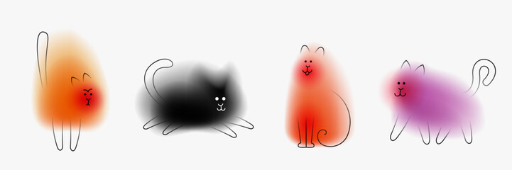 Cat cartoon character. Creative art composition with blurred gradient and simple line elements. Set of bright modern design animal in minimalistic style. Vivid vector illustration.