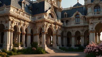 Victorian-style royal palace that looks like it was from a fairy tale. Spectacular fantasy luxury and majestic palace with beautiful garden of blossoms plants and flower.. generative.ai