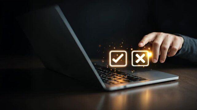 Businessman holds green check icon crossed in red, showing confusion in decision making, yes no, decision problem at work