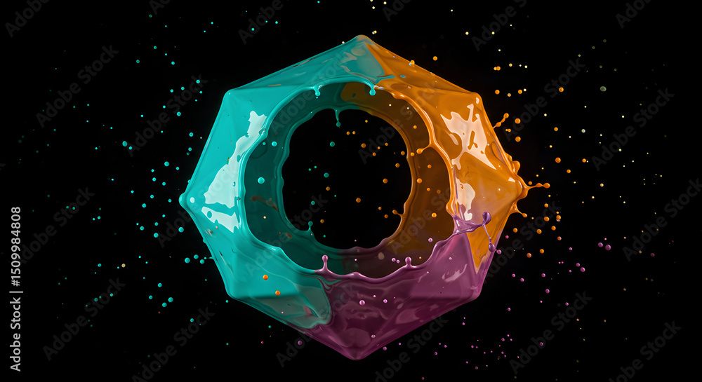 Poster chromatic burst: a geometric prism exploding with vibrant liquid splashes