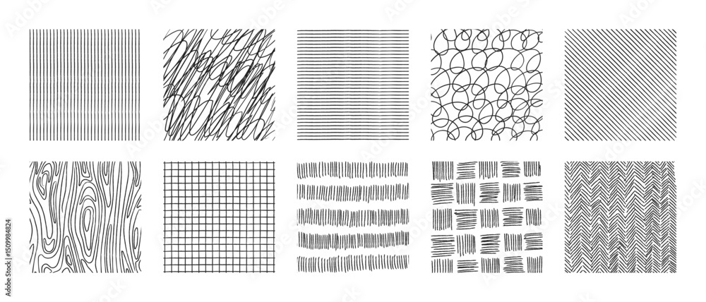 Poster set of hand drawn crosshatch textures - various pencil shading techniques creating patterns, abstrac