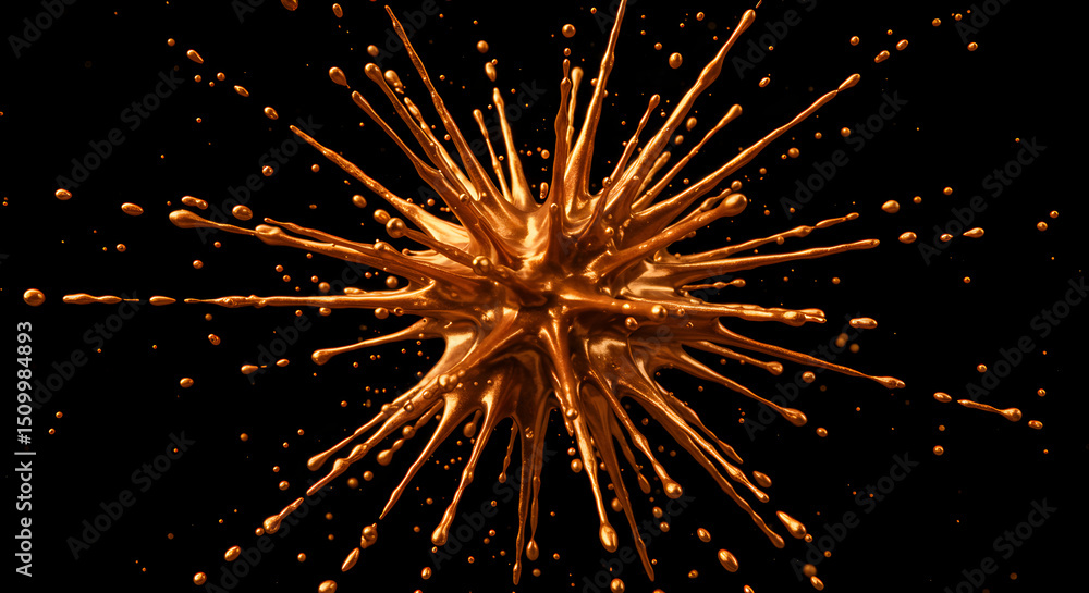 Poster golden splatter bursting on black canvas represents a dynamic explosion