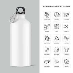 Aluminium bottle water with carabiner mockup with set icons. Vector illustration isolated on grey background. Ready for your custom design. EPS10.
