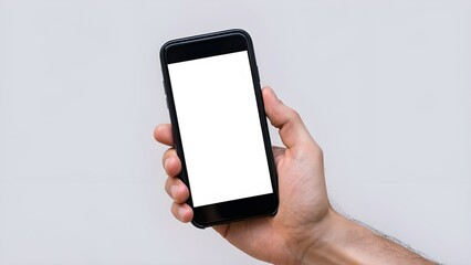Hand Holding Smartphone with Blank White Screen Mockup for App or Website Design