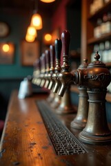 A Row of Ornate Brass Beer Taps on a Polished Wooden Bar
