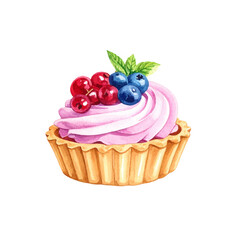 Delicious Berry Tart: An artistic depiction of a delectable berry tart, featuring a swirl of delicate pink cream, topped with fresh blueberries and cranberries, all nestled in a flaky, golden crust.
