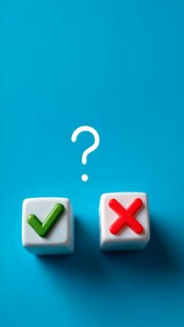 Dice show green check and red cross symbols on blue background, reflecting chance in decision making, yes no, decision problem theme