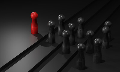 Leadership concept, Red wood stands out from the crowd of black wood.