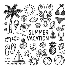 Hand Drawn Summer Elements Set Vacation Travel and Beach Theme Illustrations