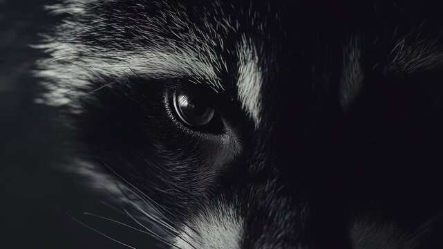 A raccoon's face is shown in black and white. The raccoon has a very intense look on its face, with its eyes staring straight ahead. Concept of curiosity and determination