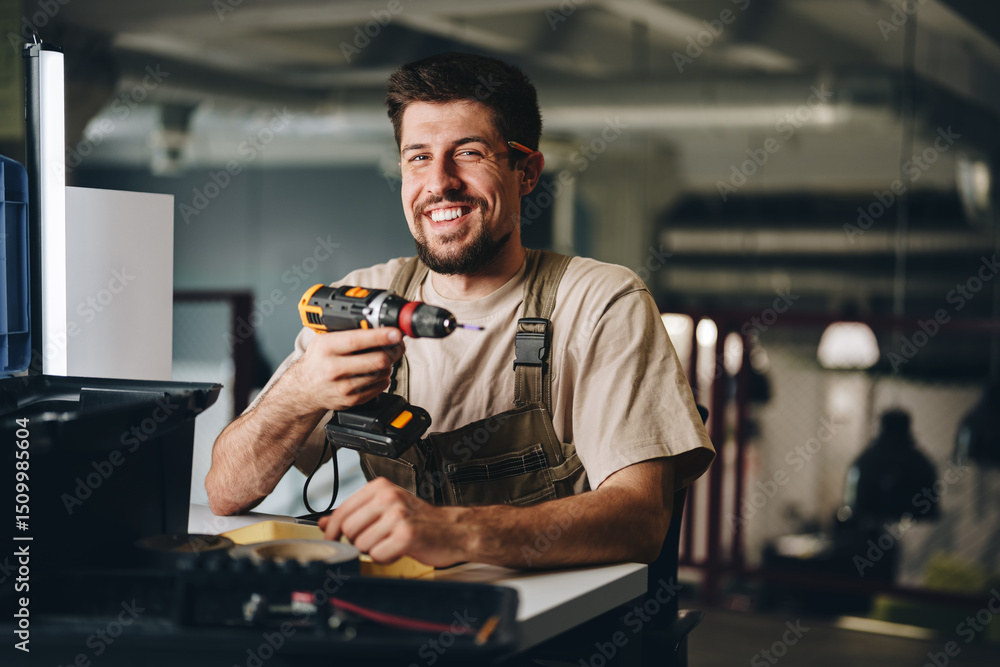 Aufkleber smiling craftsman holds drill while working in workshop during the day