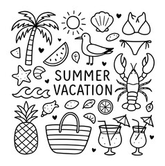 Summer Vacation Doodle Illustration Set Hand Drawn Travel and Holiday Elements