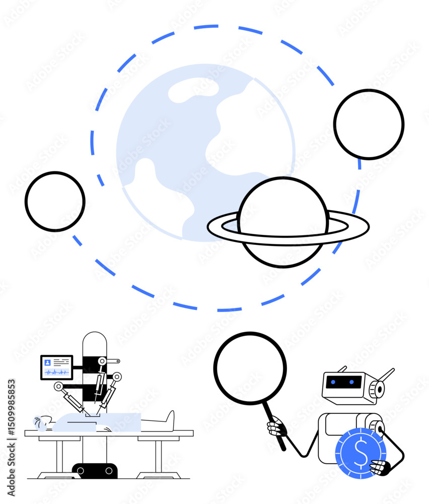 Poster robots performing surgery, analyzing finance, and exploring space with planets and magnifier. ideal 