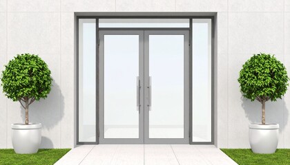 Sliding glass doors entrance mockup, 3d rendering. Commercial automatic entry mock up. Office building exterior template